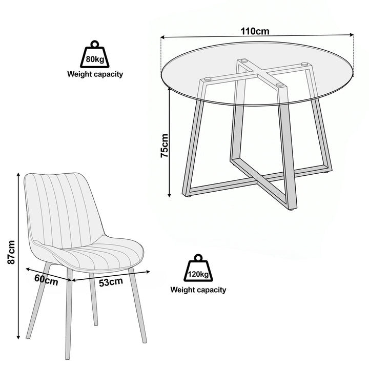 [Vertical Beige | Clear] Kyvon size guide graphic showing 110cm round tabletop x 75H and chair 53W x 60D x 87H cm