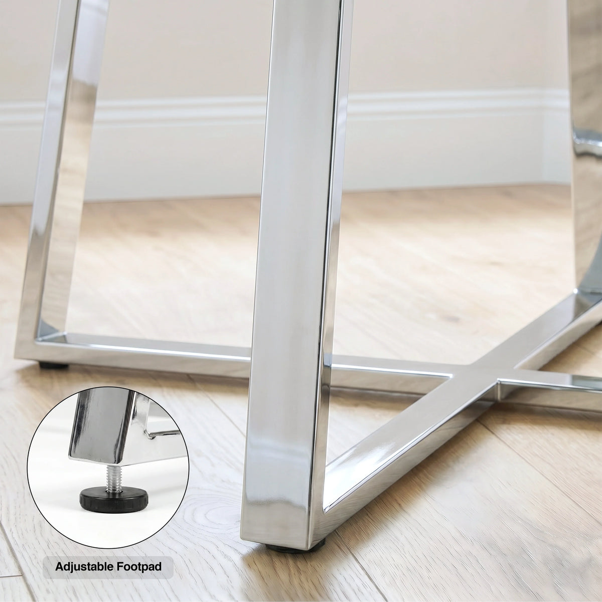 [Vertical Beige | Clear] Kyvon chrome finish table legs close-up graphic with inset text reading "Adjustable Footpad"