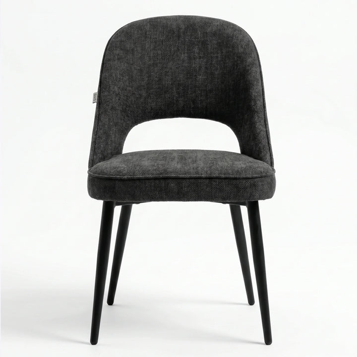 [Black] Kyvon black upholstered fabric comfy curve chair front view with rounded back and cushioned seat