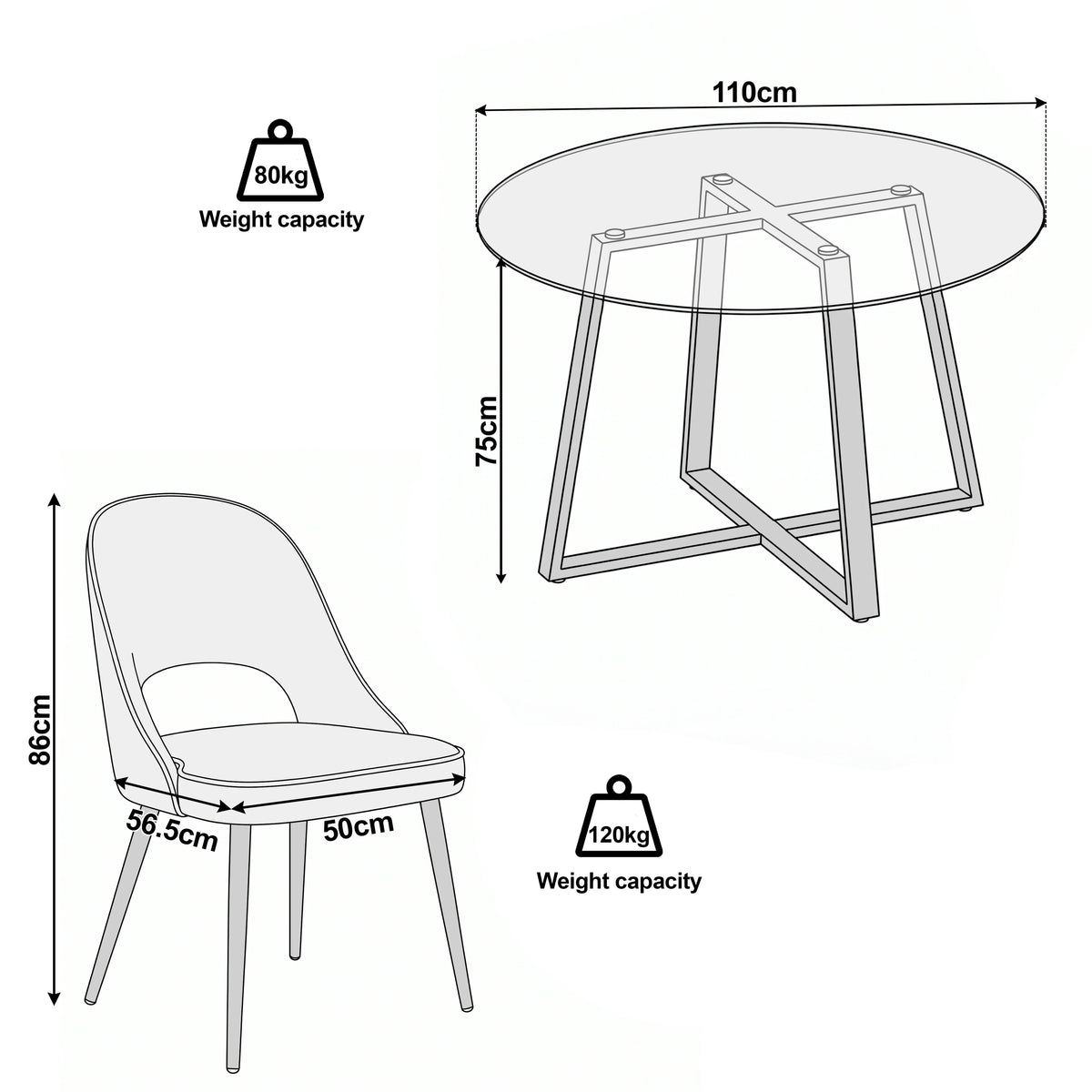[Black] Kyvon size guide graphic showing 110cm round tabletop x 75H and chair 50W x 56.5D x 86H cm