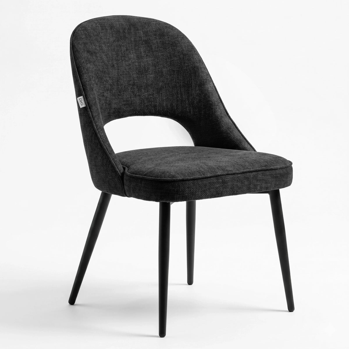 [Black | Tinted] Kyvon black upholstered fabric comfy dining chair angled view with black metal legs