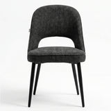 [Black | Tinted] Kyvon black upholstered fabric comfy dining chair front view with black metal legs