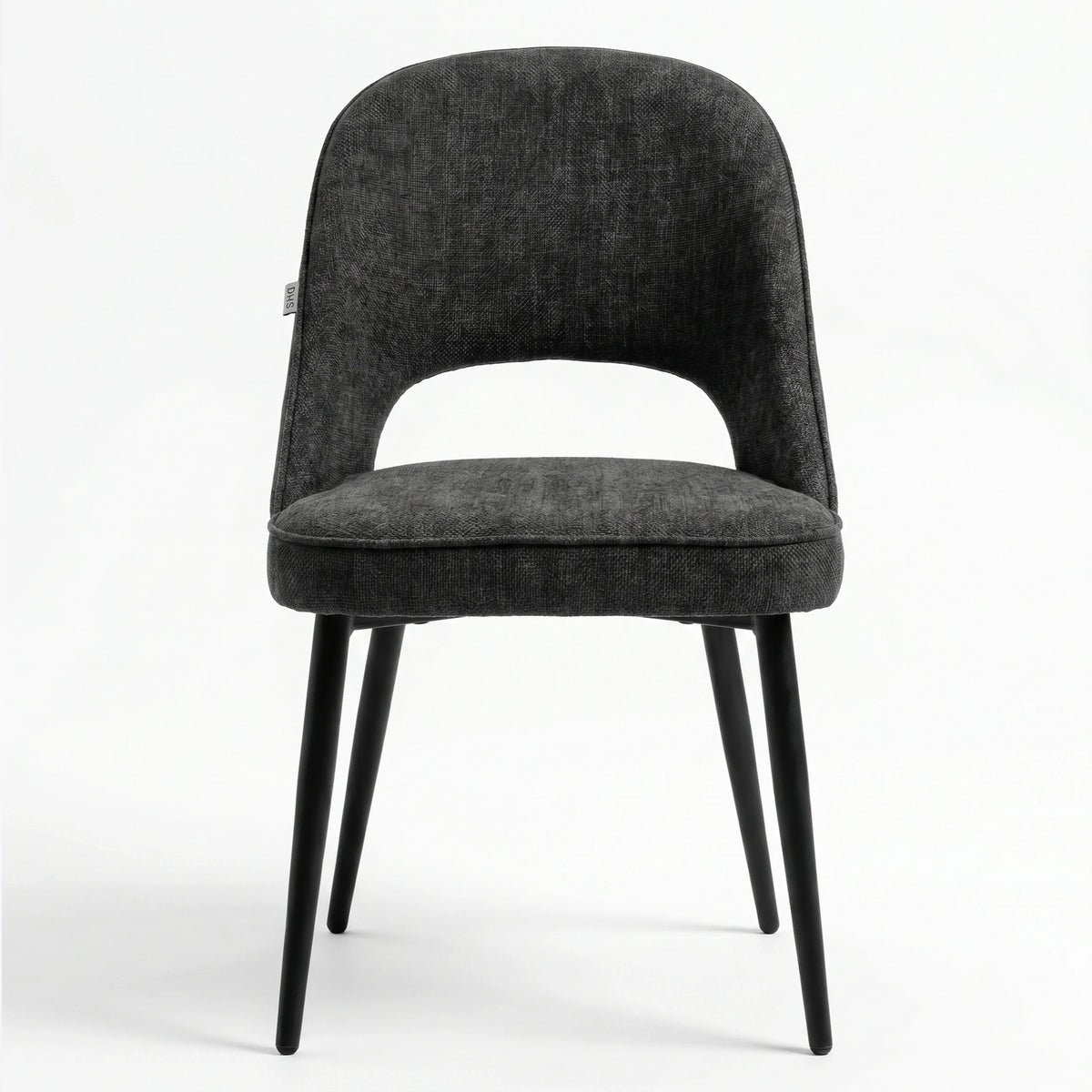 [Black | Tinted] Kyvon black upholstered fabric comfy dining chair front view with black metal legs