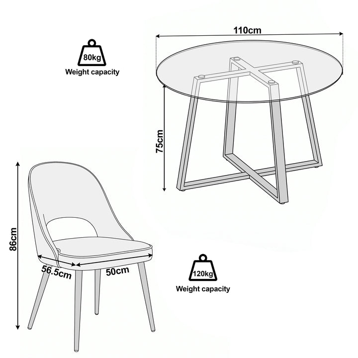 [Black | Tinted] Kyvon size guide graphic showing 110cm round tabletop x 75H and chair 50W x 56.5D x 86H cm