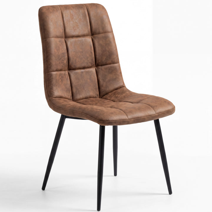 [Brown | Black Wood] Kyvon round dining table chair, armless brown suede seat with square tufting