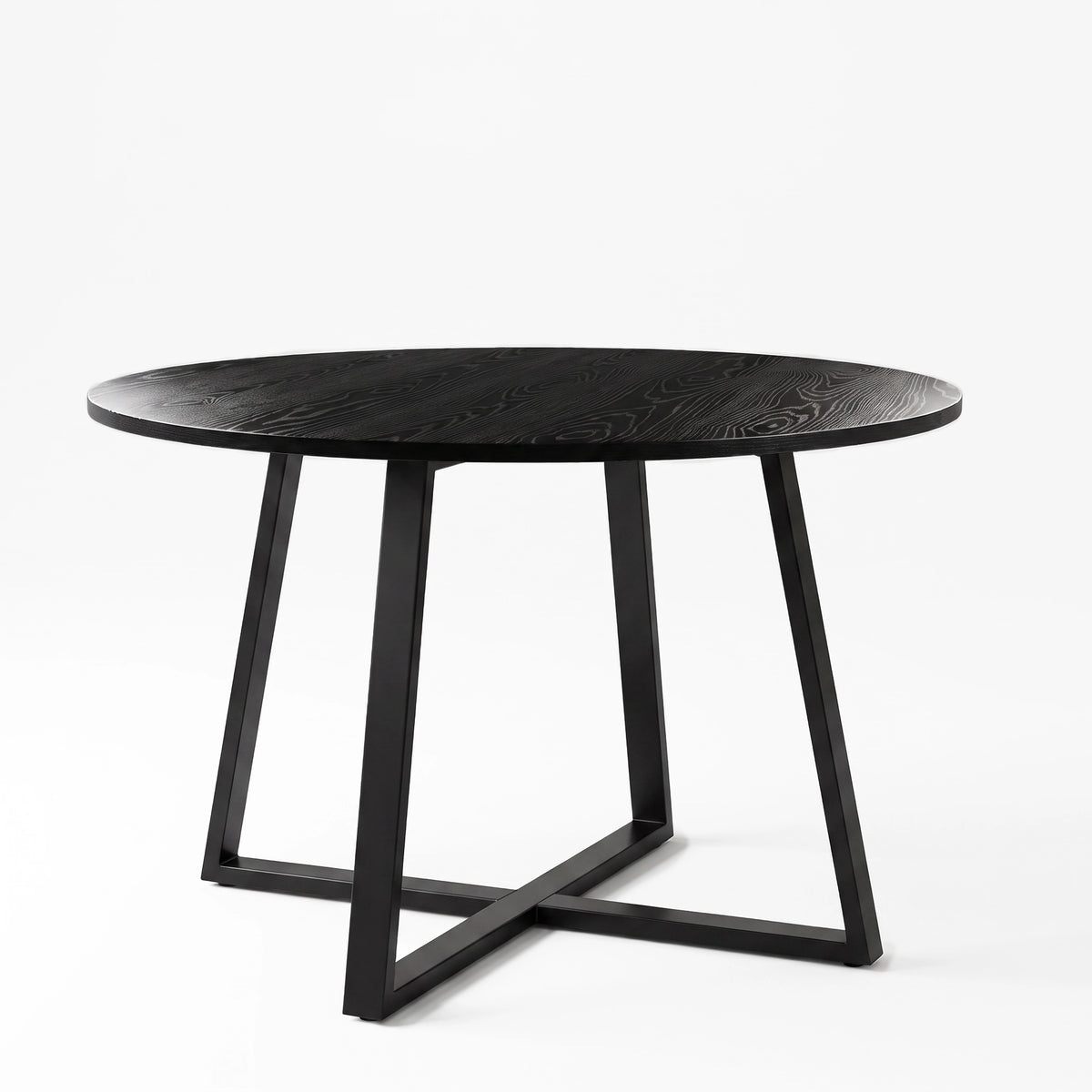 [Brown | Black Wood] Kyvon 110cm round dining table, black wood top with black cross-leg base