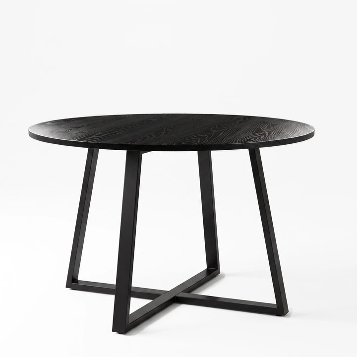 [Cream | Black Wood] Kyvon round dining table set, 110cm black wood-effect table with black cross-leg base