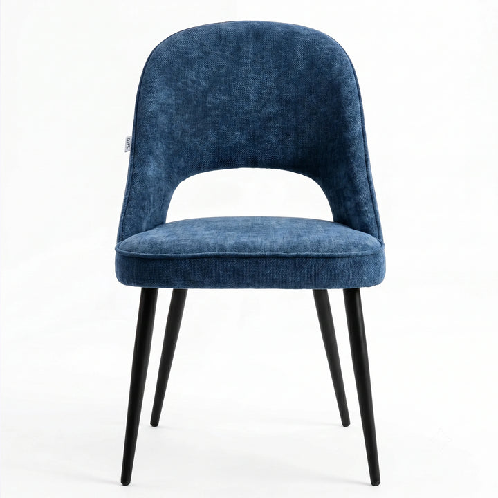 [Blue] Kyvon blue upholstered fabric comfy curve chair front view with rounded back and cushioned seat