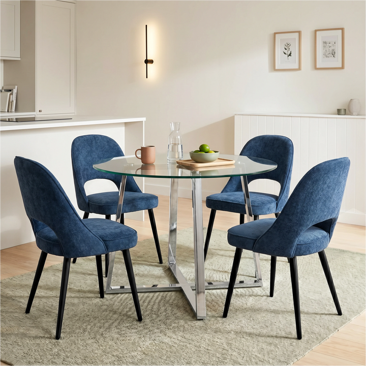 [Blue] Kyvon round glass dining set with 110cm round table, chrome legs and 4 blue chairs in a dining room