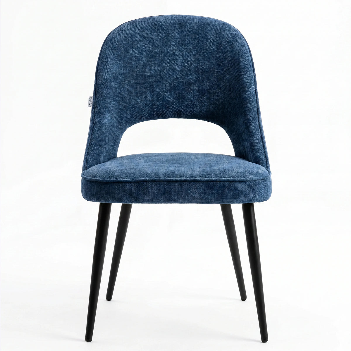 [Blue | Tinted] Kyvon blue upholstered fabric comfy dining chair front view with black metal legs