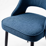 [Blue | Tinted] Close-up of the 4 seater Kyvon blue upholstered fabric comfy chair seat with black metal legs