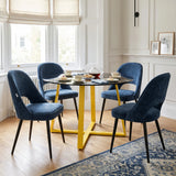 [Blue | Tinted] Kyvon 4 seater round glass dining set with Tinted tabletop, gold legs and blue chairs in a dining room