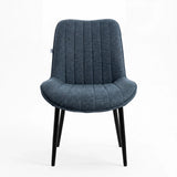 [Vertical Blue | Clear] Kyvon blue upholstered fabric channeled stitched dining chair front view with black metal legs