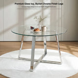 [Vertical Blue | Clear] Kyvon 110cm round glass table graphic; text reads "Premium Glass top, Stylish Chrome Finish Legs"