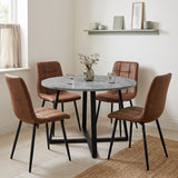 [Brown Suede] Kyvon round dining table set in bright dining room with four brown suede chairs