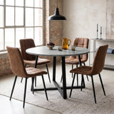 [Brown Suede] Kyvon round dining table set in industrial window dining area with four brown suede chairs