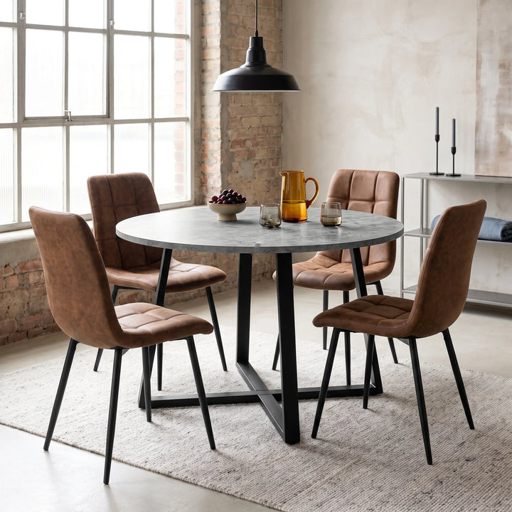 [Brown Suede] Kyvon round dining table set in industrial window dining area with four brown suede chairs