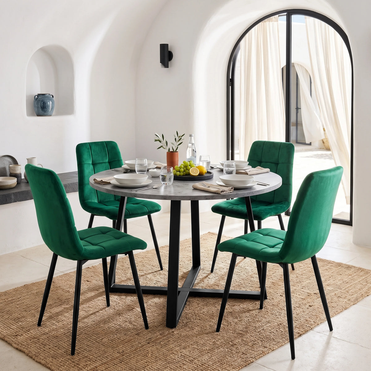 [Green Velvet] Kyvon round dining table set in arched mirror dining corner with four green velvet chairs