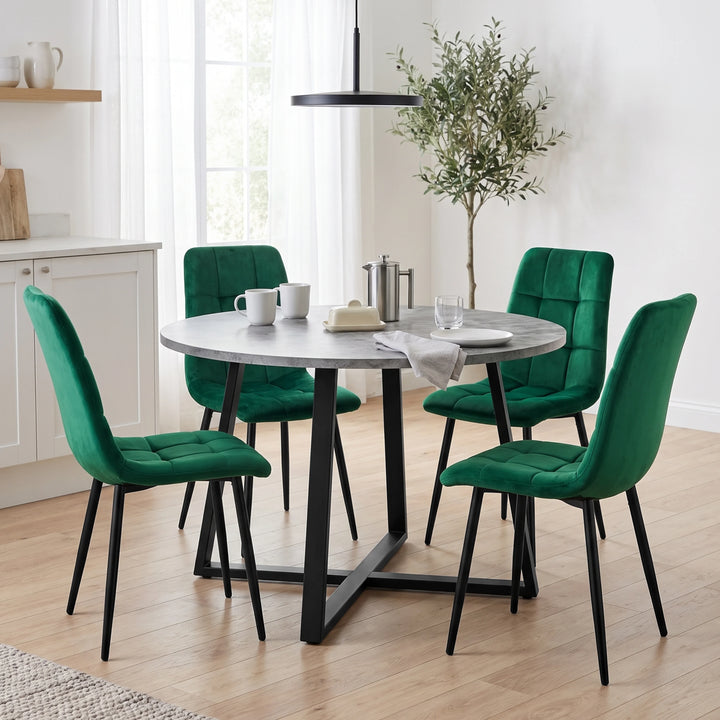 [Green Velvet] Kyvon round dining table set in bright kitchen dining corner with four green velvet chairs