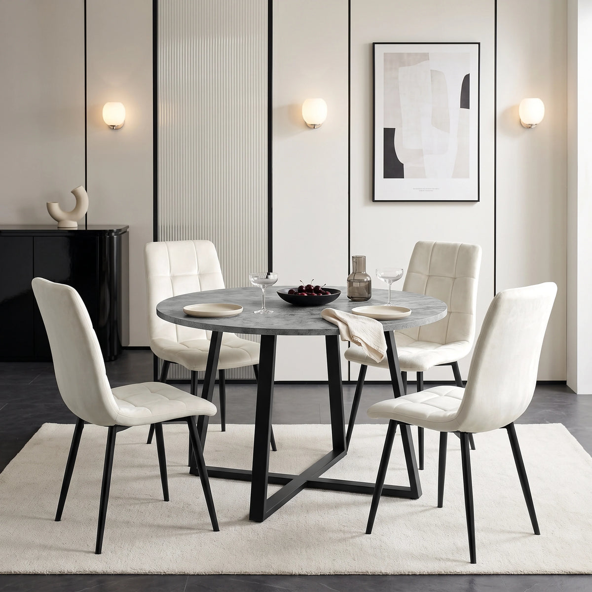 [Cream Velvet] Kyvon round dining table set with 4 cream velvet chairs in a dining room
