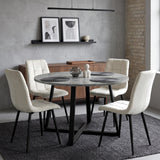 [Cream Velvet] Kyvon round dining table set with 4 cream velvet chairs in a styled room