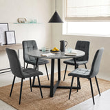 [Dark Grey Velvet] Kyvon round dining table set with 4 dark grey velvet chairs in a dining room