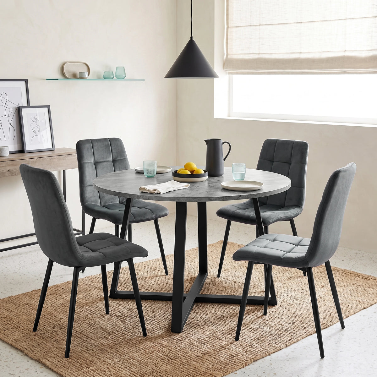 [Dark Grey Velvet] Kyvon round dining table set with 4 dark grey velvet chairs in a dining room