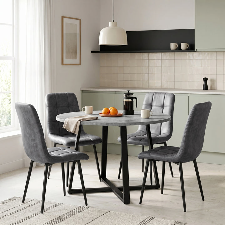 [Grey Suede] Kyvon round dining table set with 4 grey suede chairs in a dining room