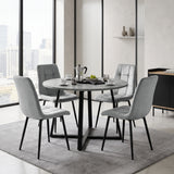 [Light Grey Velvet] Kyvon round dining table set with 4 light grey velvet chairs in a dining room