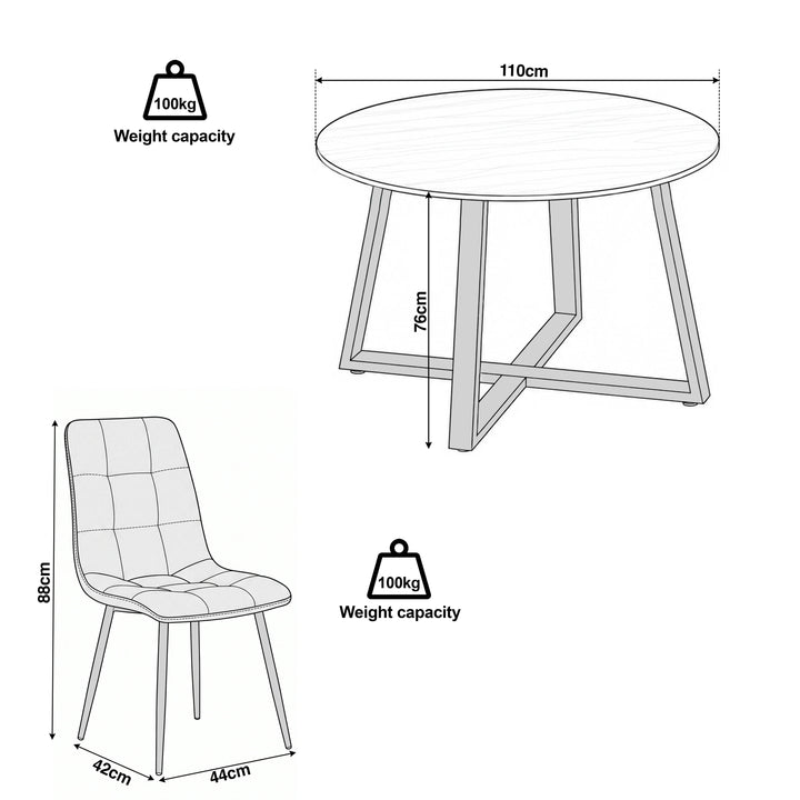 [Light Grey Velvet]  Kyvon round dining table set size guide with table and chair dimensions