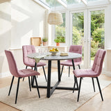 [Pink Velvet] Kyvon round dining table set with 4 pink velvet chairs in a dining room