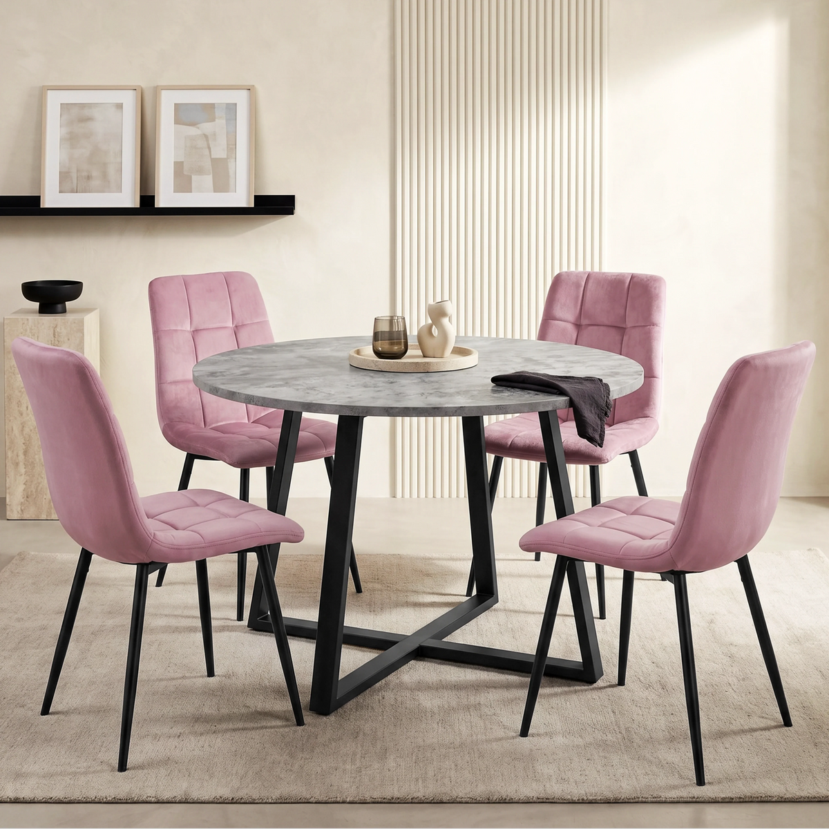 [Pink Velvet] Kyvon round dining table set with 4 pink velvet chairs in a styled dining space