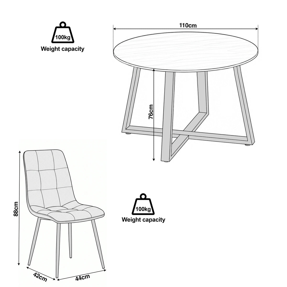 [Pink Velvet] Kyvon round dining table set size guide with table and chair dimensions
