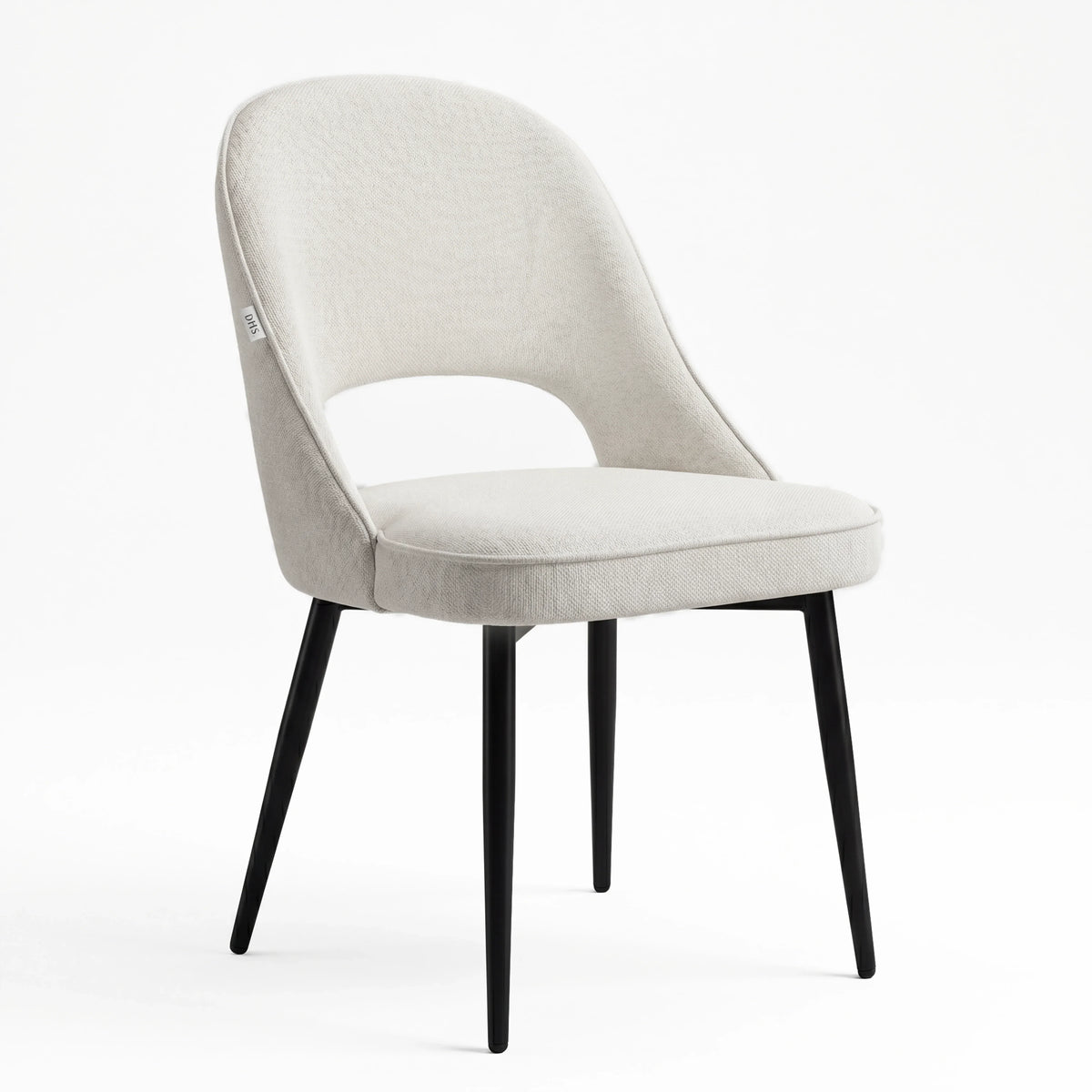 [Cream] Kyvon cream upholstered fabric comfy curve chair angled view with rounded back and cushioned seat