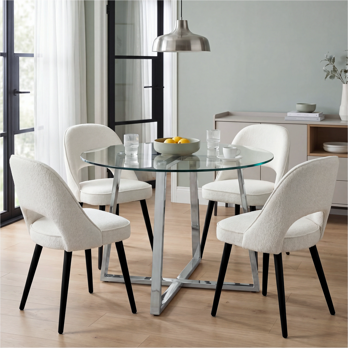 [Cream] Kyvon round glass dining set with 110cm round table, chrome legs and 4 cream chairs in a dining room