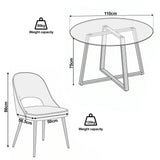 [Cream] Kyvon size guide graphic showing 110cm round tabletop x 75H and chair 50W x 56.5D x 86H cm