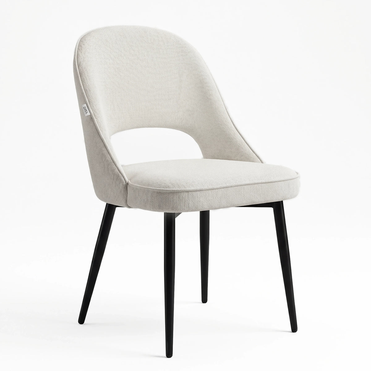 [Cream | Tinted] Kyvon cream upholstered fabric comfy dining chair angled view with black metal legs