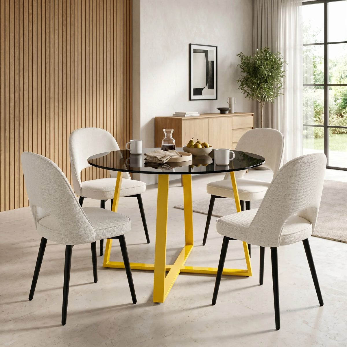 [Cream | Tinted] Kyvon 4 seater round glass dining set with Tinted tabletop, gold legs and cream chairs in a dining room
