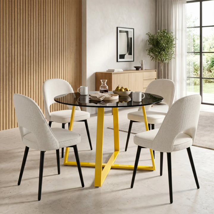 [Cream | Tinted] Kyvon 4 seater round glass dining set with Tinted tabletop, gold legs and cream chairs in a dining room