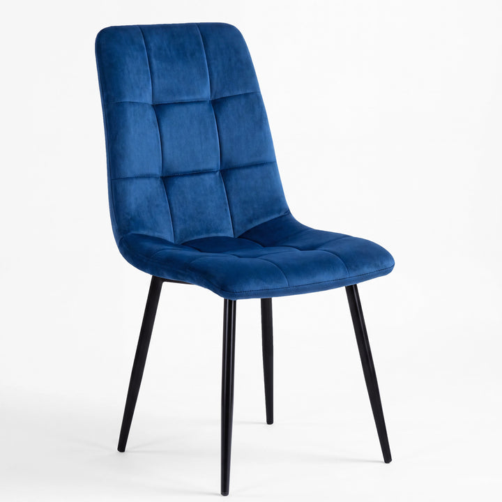 [Blue | Dark Wood] Kyvon round dining table set with one blue velvet chair, tufted back and black legs