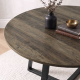 [Blue | Dark Wood] Close-up of Kyvon round dining table set's dark wood tabletop and black base