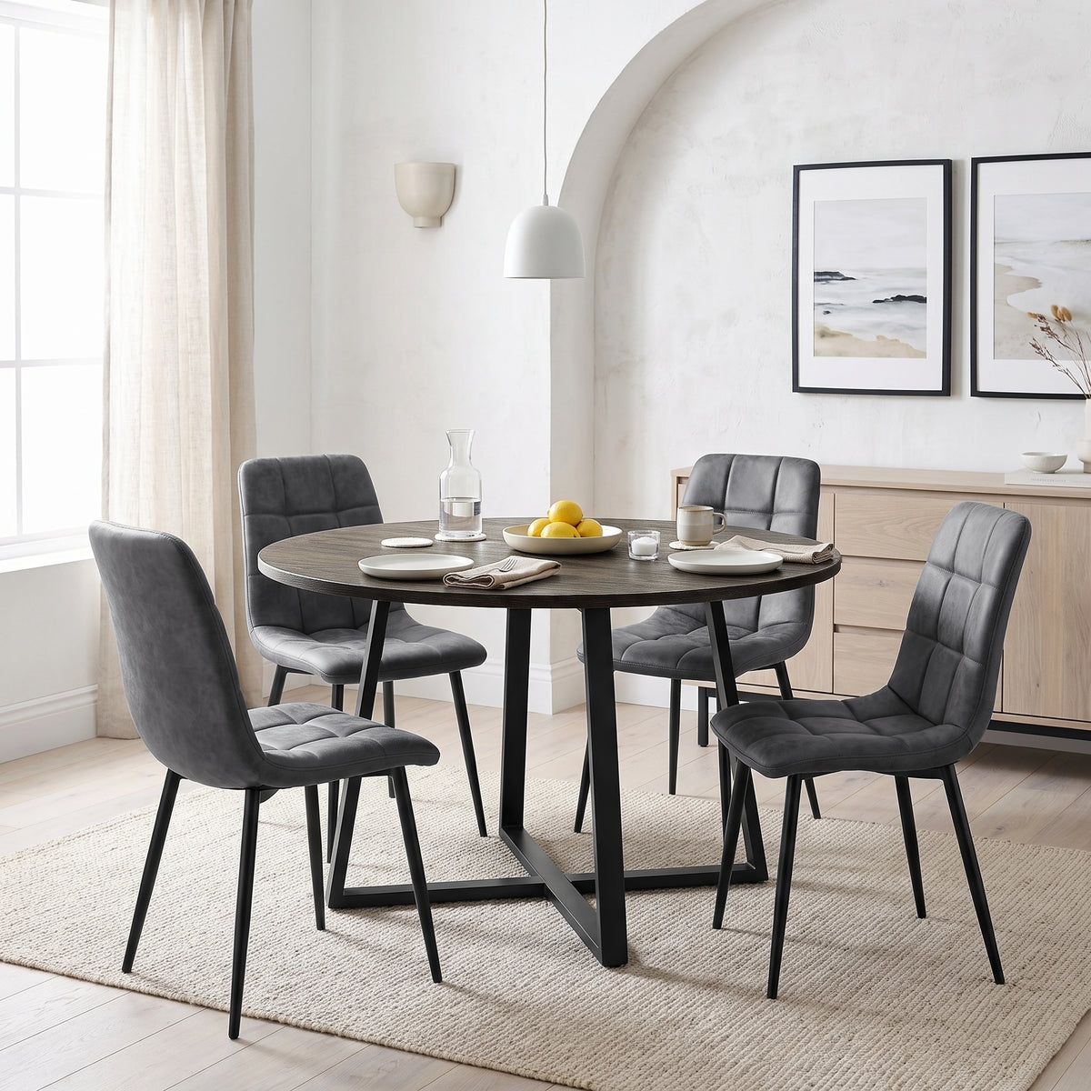 [Grey | Dark Wood] Kyvon round dining table set with 4 grey suede chairs in an arched dining room