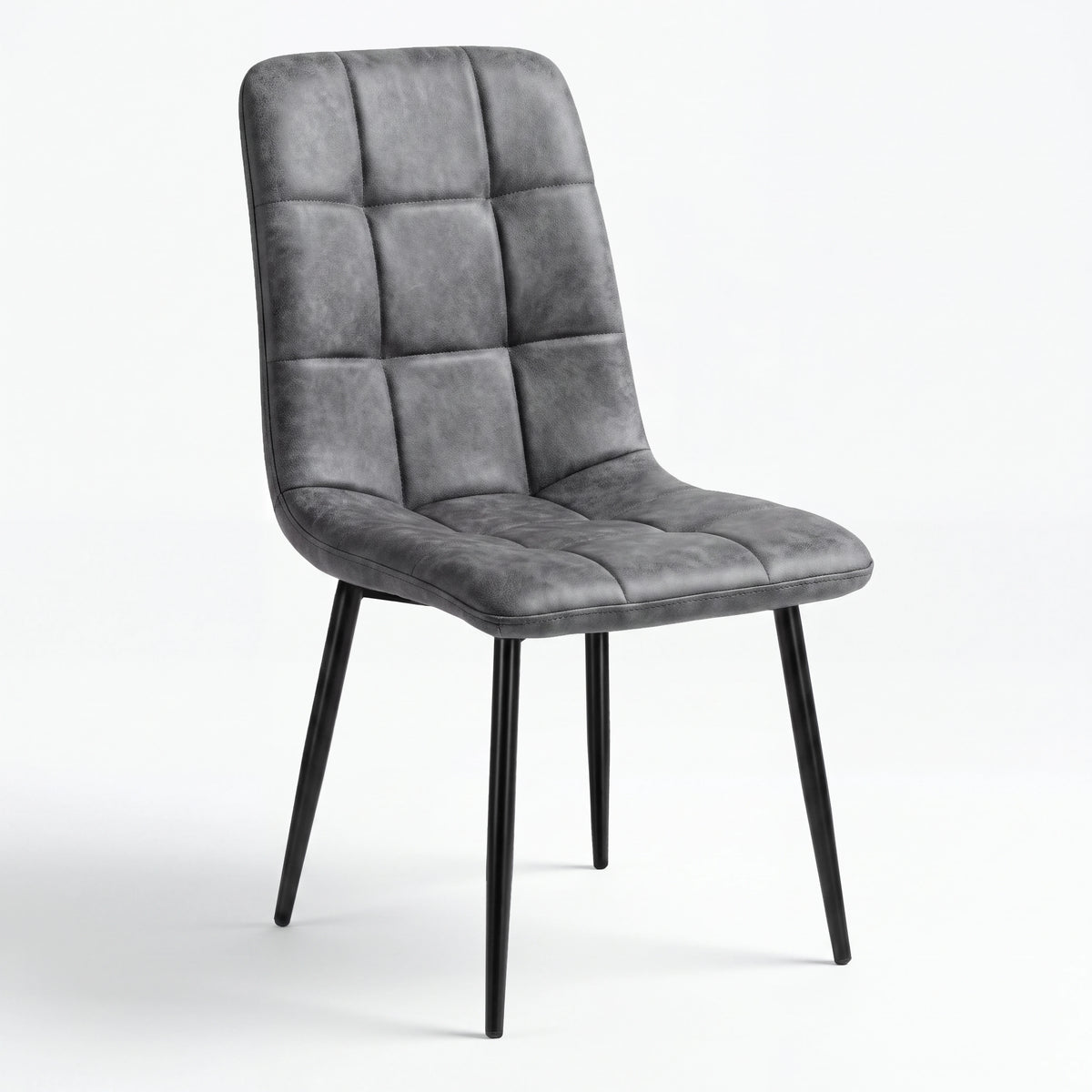 [Grey | Dark Wood] Kyvon round dining table set with one grey suede chair, tufted back and black legs