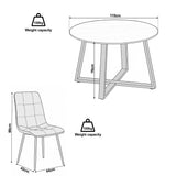 [Grey | Dark Wood] Kyvon dining set dimensions graphic: table 110cm diameter x 76H; chair 44W x 42D x 88H cm