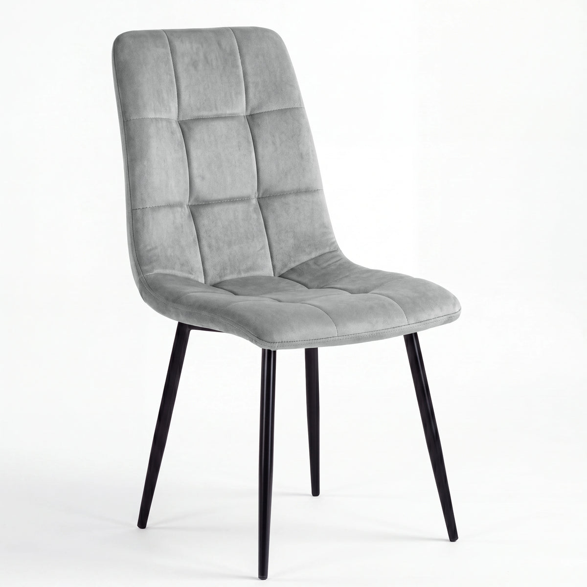 [Light Grey | Dark Wood] Kyvon round dining table set with one light grey velvet chair, tufted back and black legs