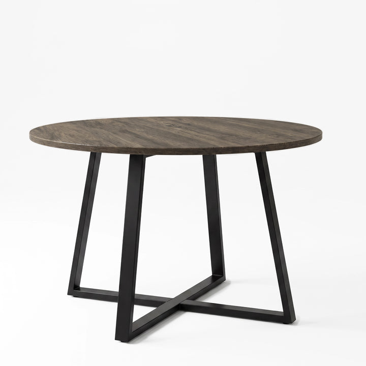 [Light Grey | Dark Wood] Kyvon round dining table set, 110cm dark wood table with black cross-leg base