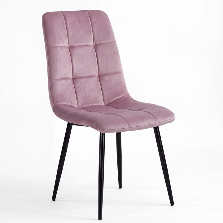 [Pink | Dark Wood] Kyvon round dining table set with one pink velvet chair, tufted back and black legs