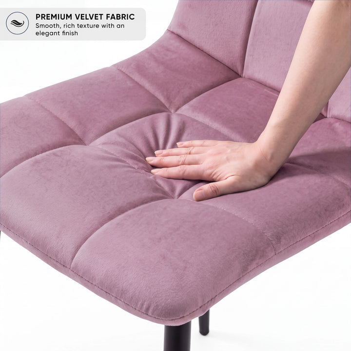 [Pink | Dark Wood] Kyvon dining set chair close-up: Premium Velvet Fabric, padded pink tufted seat