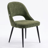 [Green | Tinted] Kyvon green upholstered fabric comfy dining chair angled view with black metal legs