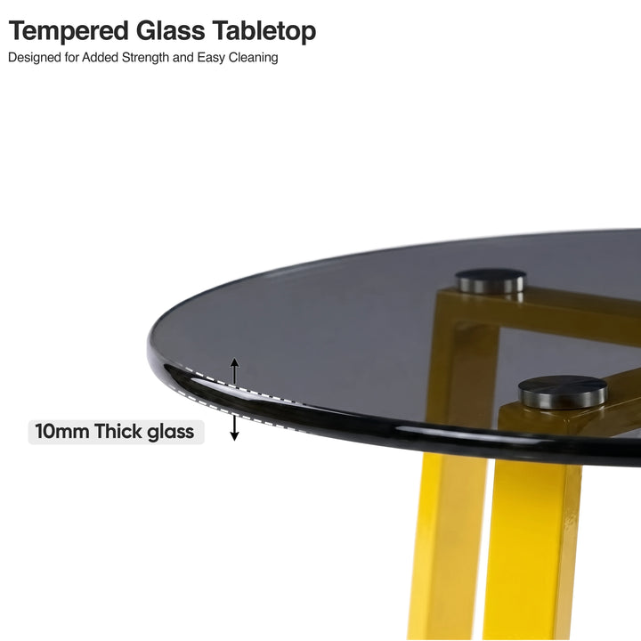 [Green | Tinted] Kyvon Tinted tabletop detail graphic; text reads "Tempered Glass Tabletop" and "10mm Thick glass"